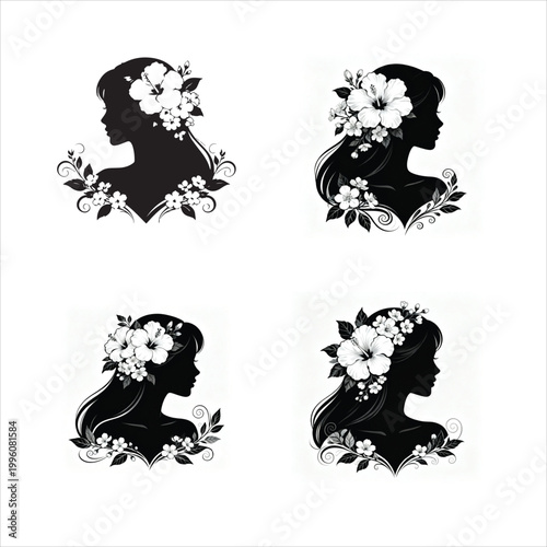 Black silhouette illustration of a woman with long hair and a floral hairstyle featuring a butterfly, lion, and dragon in a tribal nature pattern design
