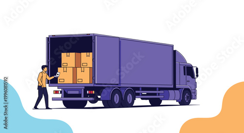 Delivery worker checking a document while standing at the open back of a large cargo truck filled with several brown cardboard boxes.