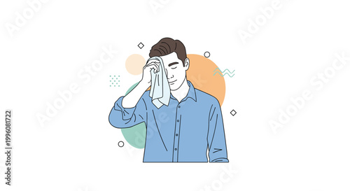 Man in a blue shirt feeling hot and wiping beads of sweat from his forehead with a small white towel against a background of abstract shapes.