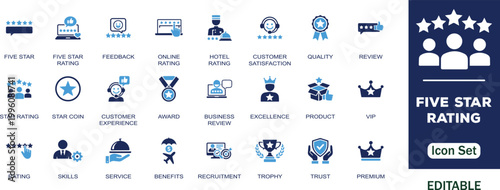 Five star rating editable solid icon set. Containing satisfaction, online, feedback, review, quality, trophy, trust, rating, premium, VIP, 5 star, excellence and more     vector icons collection. 