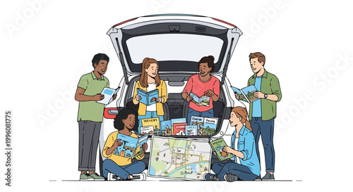 Volunteers packing food donations into car trunk for charity