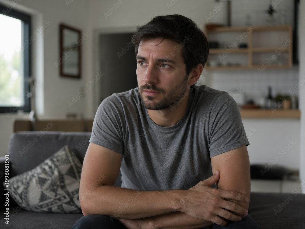 Fototapeta premium Pensive Young Man Sitting Alone at Home Dealing with Stress and Mental Health