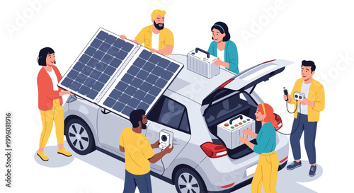 people installing solar panels on car for renewable energy