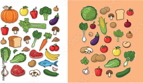 Healthy Food Ingredients Vector Set with Vegetables Fruits Meat Fish Bread and Balanced Diet Elements for Cooking and Nutrition Design