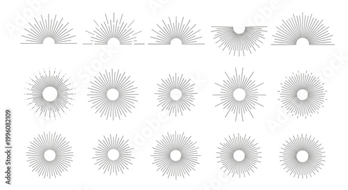 Set of minimalist sunburst and light ray graphic icons in various circular and semi-circular designs on a plain white background.