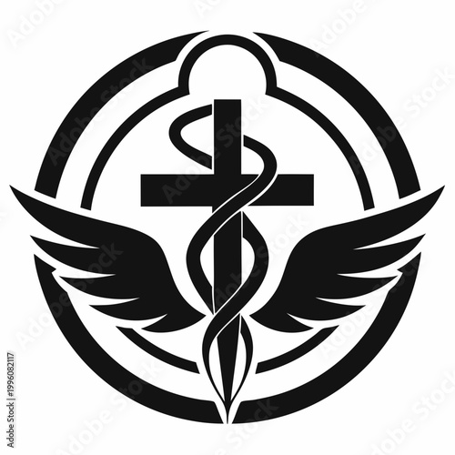 Medical symbol with cross, wings and snake, healthcare logo, Rod of Asclepius, medical icon, health care sign, black and white illustration, medical emblem, health symbol