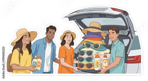 friends loading car trunk with summer vacation supplies