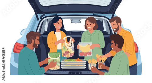 people loading food and groceries into car trunk