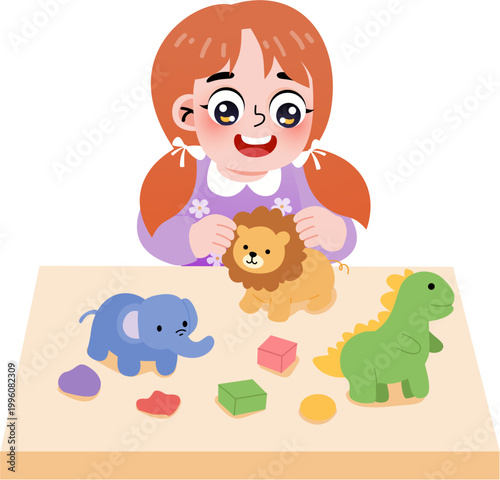 Girl Playing With Clay Animals and Blocks