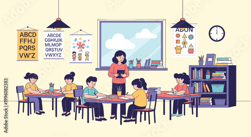 Primary school teacher supervising a classroom of young students focused on their writing and drawing tasks at shared tables.