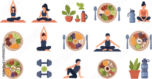 Healthy Lifestyle Vector Set with Yoga Meditation Balanced Diet Meals and Fitness Elements for Wellness Nutrition and Active Living Design