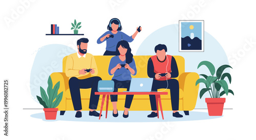 Group of friends sitting on a bright yellow sofa and having fun playing video games with controllers and a laptop on the table.