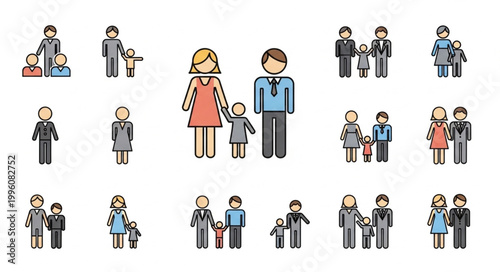 Collection of Diverse Family Unit Icons Representing Different Generations.