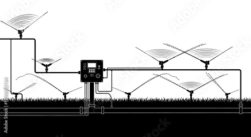 Automated irrigation system with sprinklers and control panel.