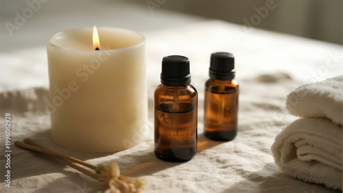 Scented candles and essential oil bottles under warm light, creating a healing and relaxing aromatherapy atmosphere, making it a visual material image suitable for lifestyle and wellness scenarios.