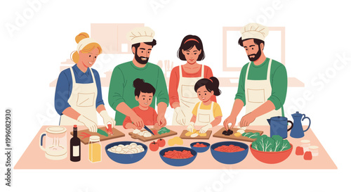 Happy family including parents and young children working together in the kitchen to prepare a healthy meal with fresh vegetables.