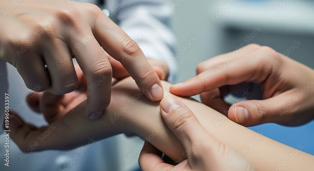 Fototapeta premium Closeup of a doctor examining a patients wrist pulse in a clinical setting