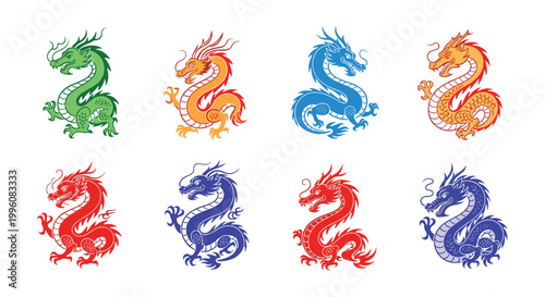 Set of colorful traditional Chinese dragons in various dynamic poses is showcased against a plain white background for festive designs.