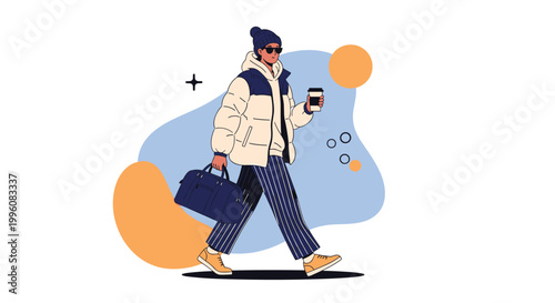 Stylish young man wearing winter attire including a puffer jacket and beanie walks confidently while carrying a travel bag and coffee.