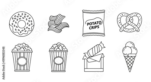 Collection of popular snack food icons in outline style.