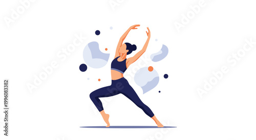 Graceful woman in athletic clothing performs an elegant dance move or yoga pose surrounded by soft abstract shapes and floating bubbles.