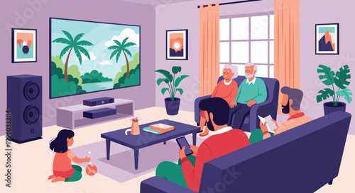 Multi-generational family members enjoy quality time together while watching a tropical nature documentary on a large screen television.