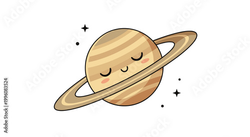 Adorable cartoon representation of the planet Saturn features a smiling face and closed eyes while floating in space with tiny stars.