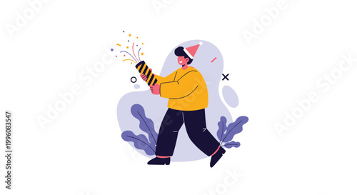 Energetic man wearing a colorful party hat celebrates with a confetti cannon during a festive event or special holiday occasion.