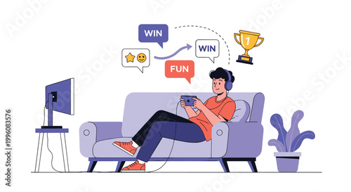 Young man relaxes on a comfortable purple sofa while playing mobile video games and dreaming of winning a competitive trophy.