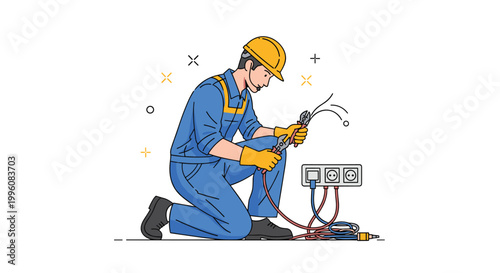 Skilled electrician wearing safety gear including a hard hat and gloves repairs a power socket using specialized tools and pliers.
