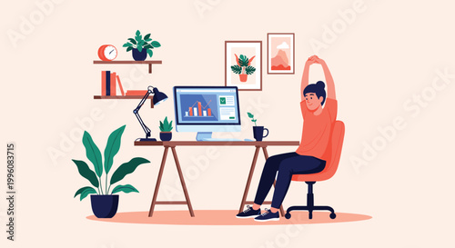 Young woman stretches her arms while sitting at a home office desk with a computer showing business analytics charts and plants.
