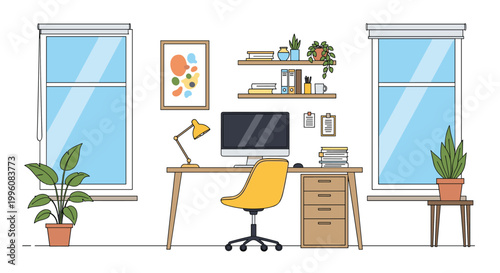 Clean and organized home office workspace features a computer on a wooden desk, shelves with books, plants, and natural light.