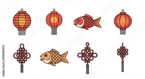 Various traditional Chinese decorative objects including lanterns, fish ornaments, and intricate knots are presented in a neat set.
