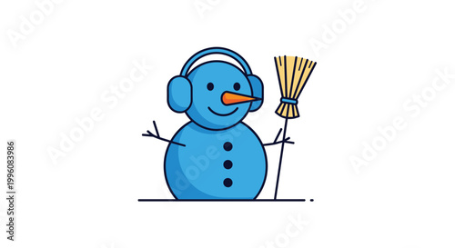 Cute blue snowman character wearing warm earmuffs and holding a traditional straw broom stands happily on a snowy white winter day.
