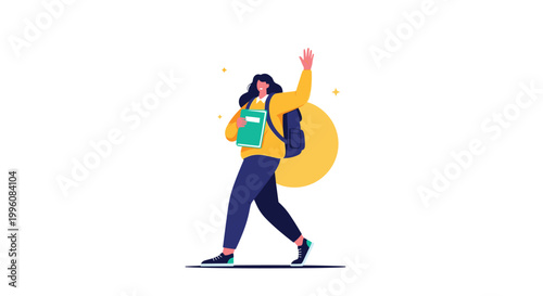 Happy young student girl carrying a backpack and holding a book waves her hand while walking toward her school or university campus.