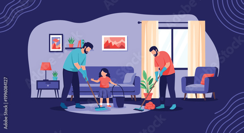 Family members including two men and a little girl work together to clean their cozy living room using various chores and tools.