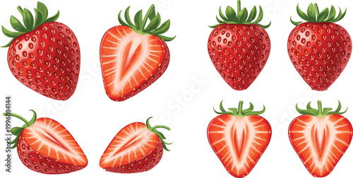 Fotografie Fresh Red Strawberry Whole and Cut Half Slices Collection Isolated on White Back