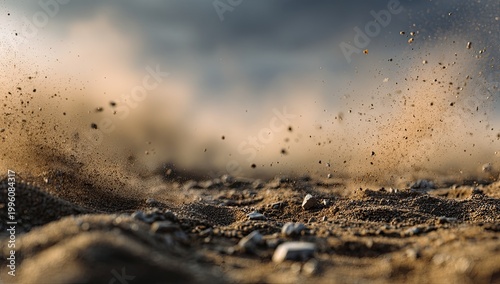 Dust storm kicking up dirt and debris in a dry landscape.