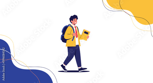 Happy schoolboy wearing a backpack and holding a notebook walking cheerfully against a background with abstract blue and yellow shapes.