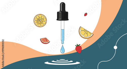 Cosmetic dropper bottle releasing a droplet of liquid surrounded by fresh slices of lemon, grapefruit, and strawberry for natural skincare.