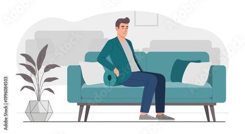 Man sitting on a sofa in a modern living room, relaxed posture, casual outfit