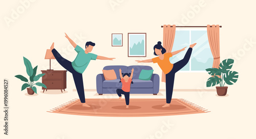 Father mother and daughter practicing yoga together in their living room to maintain a healthy and active family lifestyle.