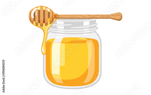 Jar of golden honey with wooden dipper dripping sweet syrup isolated on white background for food design