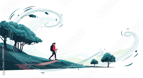 Brave female hiker with a backpack and trekking poles walking against a very powerful windstorm in a mountainous forest landscape.