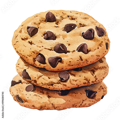 watercolor of Chocolate Chip Cookies illustration graphic, isolated on a white background.