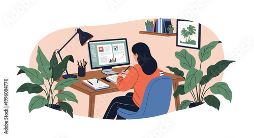Young woman sitting at a desk and working on a computer surrounded by lush green house plants in a home office environment.