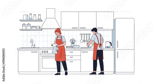 Man and woman wearing aprons and working together to wash and dry dishes in a modern clean kitchen at home.