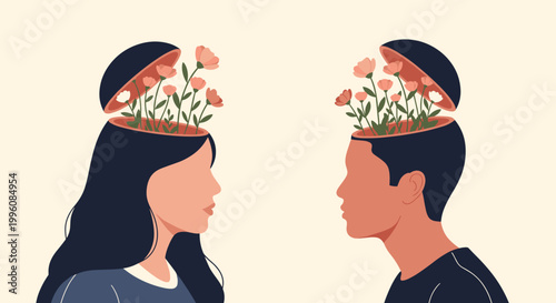 Profile views of a man and a woman with the tops of their heads open to reveal blooming flowers symbolizing creativity and mental health.