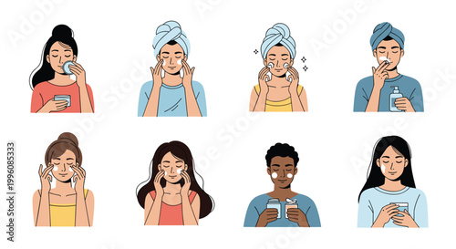 Set of illustrations showing diverse people performing various steps of a daily skincare routine like cleaning and moisturizing.