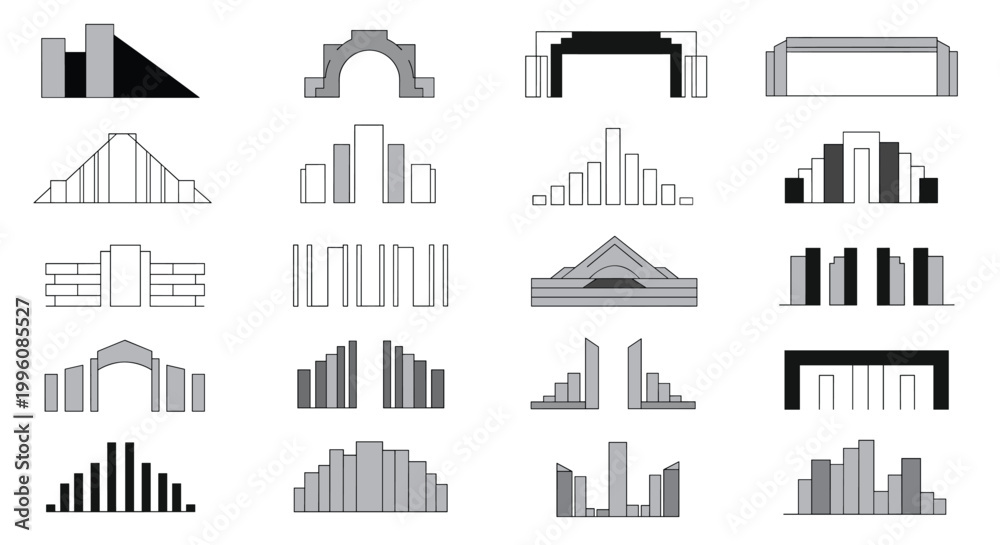 Fototapeta premium Set of black and grey abstract architectural or geometric shapes representing building structures walls and arches.